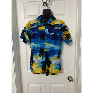 Men's Blue & Yellow Palm Print Casual Button-Down Shirt
